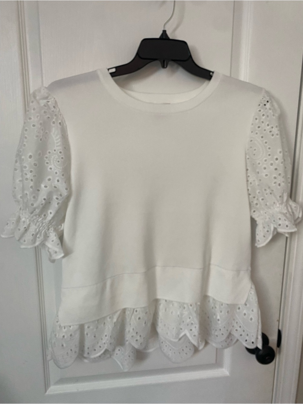 Nanette Lepore White Eyelet Puff Sleeve Sweatshirt